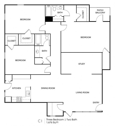Floor plan for 3 beds, 2 baths, 1676 sqft